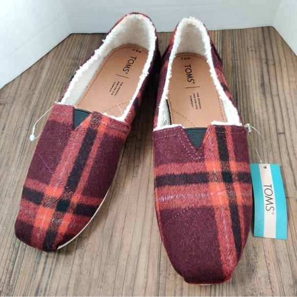 TOMS Alpargata Flat Wool Red Plaid Women's 9.5 Faux Fur Slip On Shoes‎ Boho Cute - Picture 9 of 16